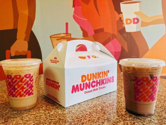 Caramel iced coffee, munchkins box and Mocha iced coffee