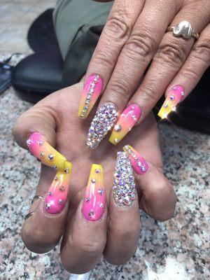 Full set ombré with Swarovski rhinestones , coffin shape, $85