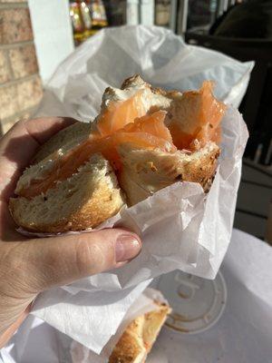 Everything Salt bagel, green olive cream cheese, lox