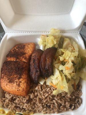 Blackened Salmond Rice n Peas Steam Veg Plantain