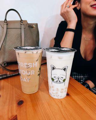 Bobapop milk tea / $4.65 (large), w/ Egg pudding / $0.50 + Japanese brown rice milk tea / $4.85 (large), w/ White crystal pearl / $0.75