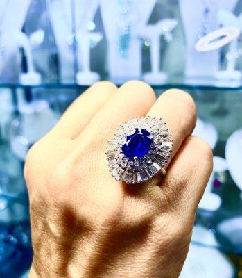 Sapphire and diamond ring set in 18K white gold at CDM Jewelry in Corona del Mar.