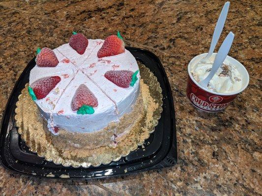 (Frozen) Strawberry Red Velvet Ice Cream Cake and a (customized) Sweet Cream ice cream w/Reese's, caramel, pecans and toffee pieces).