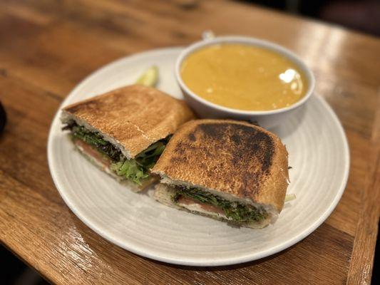 Bruschetta panini with butternut squash soup