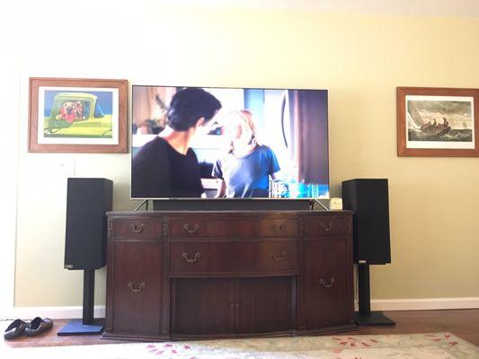 65" 4K HD on 1940s solid mahogany buffet