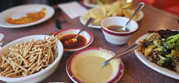 Chow mean noodles, hot mustard, chili oil, duck sauce.