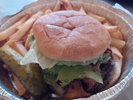 $6.25. Best deal in town. Bacon, Swiss burger deluxe