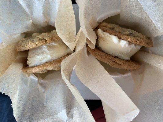 Ice Cream Sandwiches Chocolate chip with vanilla ice cream White chocolate macadamia with vanilla ice cream