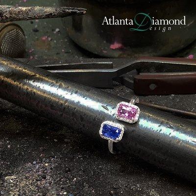 14K White Gold Ring Featuring Emerald-Cut Pink & Blue Sapphires Surrounded by Diamond Halos, Handmade by Us $2297