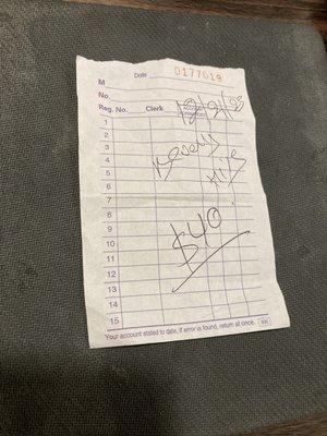 A hand-written receipt from Beverly Hills Salon, Forest Hills, NYC