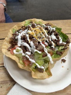 Yummy steak tostada salad.