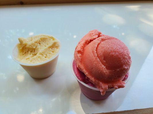 Half eaten Coconut ice cream on the left. 1 scoop of sorrel and ginger and 1 scoop of beet and ginger.