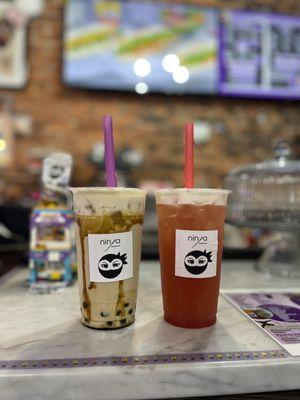 Brown sugar milk tea and strawberry tea, no boba