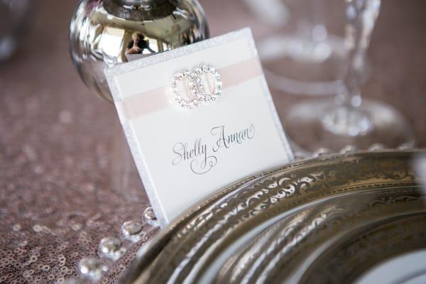 Wedding place card with ribbon & rhinestone embellishment