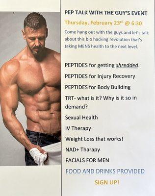 We hold in house parties for our patients to learn new edgy trends regarding men's health, and women's health with our anti-aging center.