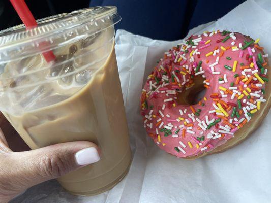 $4.50 small vanilla iced coffee and donut. Good but very greasy. Friendly service.