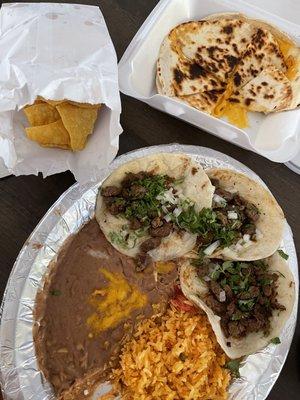 Asada tacos and cheese quesadilla