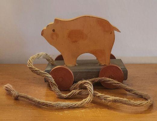 OINK OINK ~ WOODEN PIG PULL TOY SIGNED BY ARTIST JUDY.