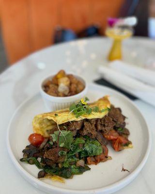 Veggie Omelette with Vegan Sauage and a side of Breakfast Potatoes