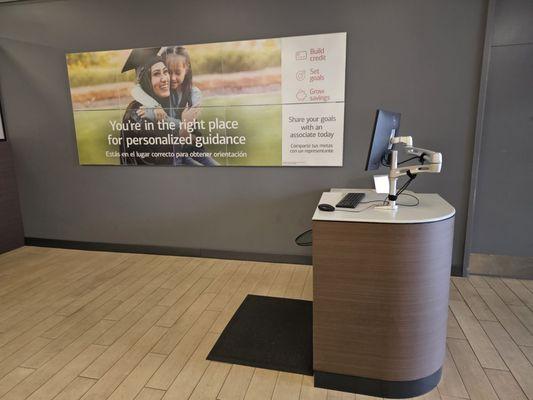 Customer service desk by entrance at Bank of America. Let's go!