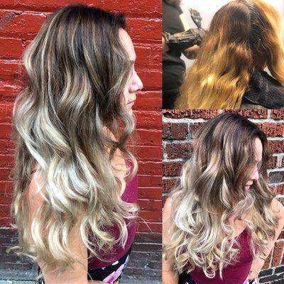 Color correction on brassy box-dye hair to a rooty ice balayage.