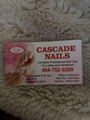 Cascade Nails business card from 12/1/2023 visit.