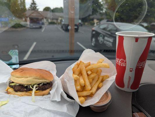 Cheeseburger, small fries, soda...$15.