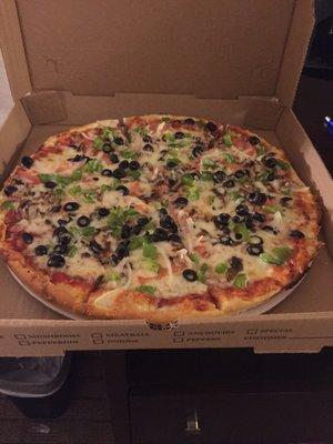 Delivered veggie gourmet pizza amazing!