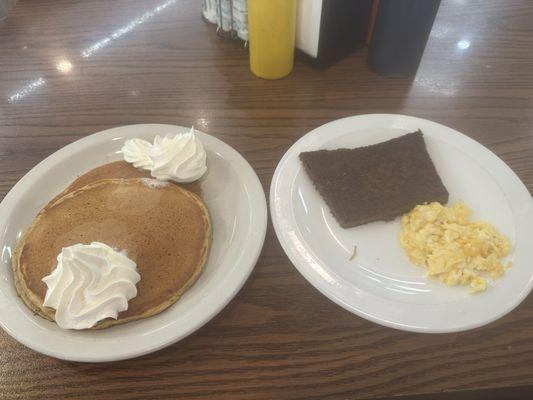 Pumpkin pancakes, homemade scrapple and farm fresh eggs