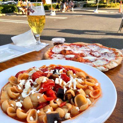 Orecchiette Alla Norma and 10" Piccante Pizza (without pepperoni)