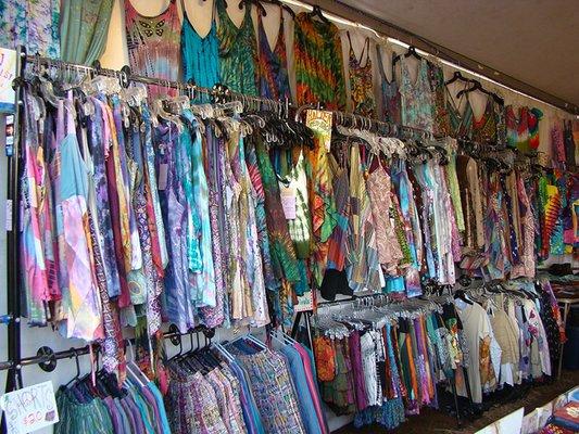 A large wall of Blue Sky clothing and tie dyes!