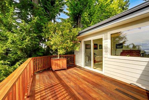 Wooden walkout deck .