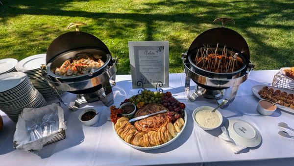 Thai chicken & lemongrass pot stickers (left) with soy ginger dip and buffalo chicken skewers  (right) paired with blue cheese dip