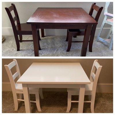 Before (brown) and After (white) Shelby repainted the children table and chairs :) and it looks fantastic!