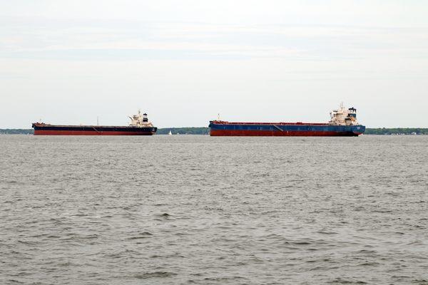 Barges anchored in the Bay awaiting slips in Baltimore Harbor.