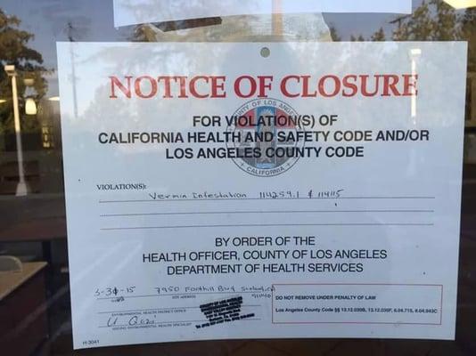 Notice of Closure by the health department