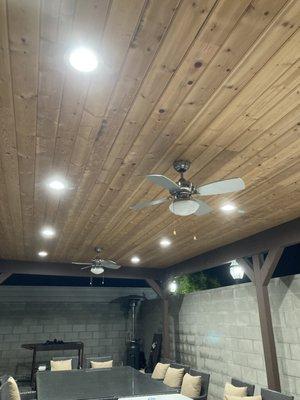 Ceiling fans and recessed lights installed