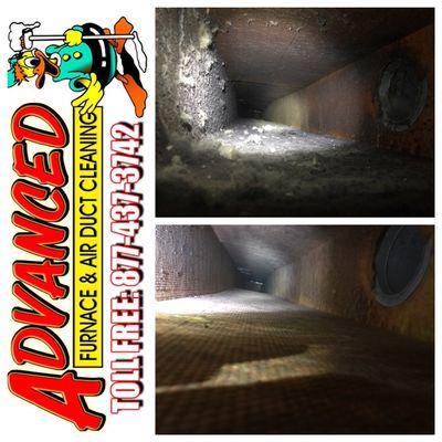 Fiberboard ductwork before and after. Our system can clean. All types of ductwork without damage.