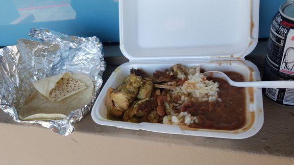 Pork stew medium lunch with tortillas, rice, beans and drink. At $7 plus Tax, it's a great deal!