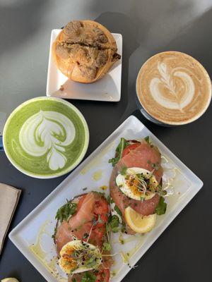 The Nordic, coffee mochi muffin, matcha latte