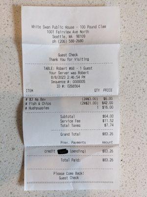 Get ready to empty your wallet. This was the bill for two people eating lunch at a plastic picnic table.