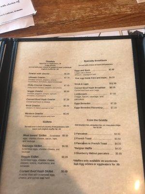 Breakfast Section of the Menu