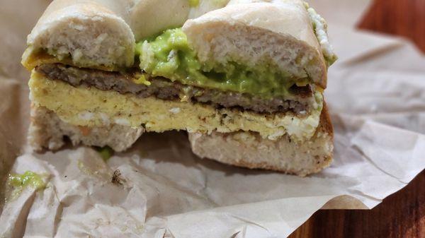 Sausage, cheddar, egg, avocado bagel