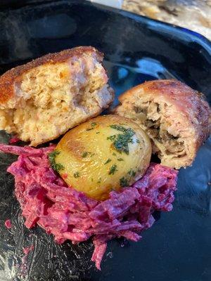 Fish cutlet, mushroom-stuffed chicken thigh, potato, creamy beet salad.