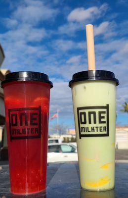 Strawberry fruit tea and matcha milk tea