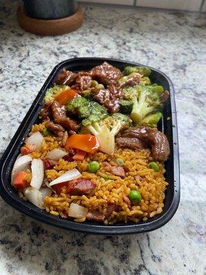 Beef and broccoli combo with pork fried rice