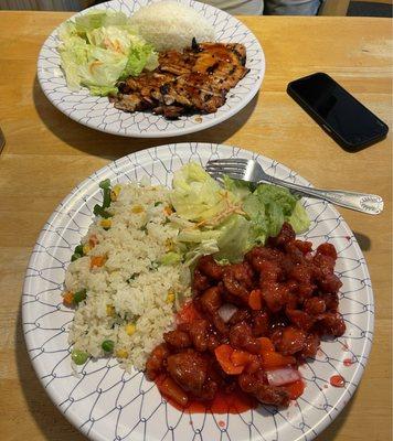 Sweet and sour chicken and fried rice  Chicken teriyaki and white rice