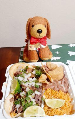 Birria tacos with beans and rice