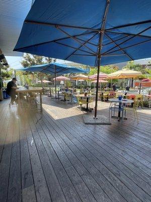 Patio seating under lots of umbrellas.