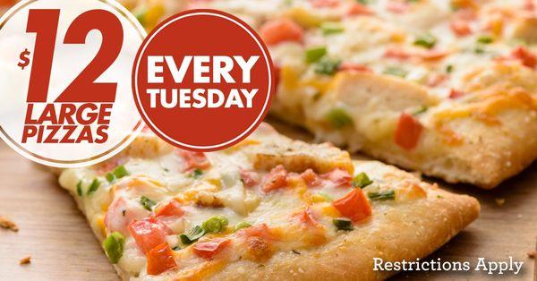 Every Tuesday large $12, Family $15; exclude stuff. Papa Murphy's Castro Valley.